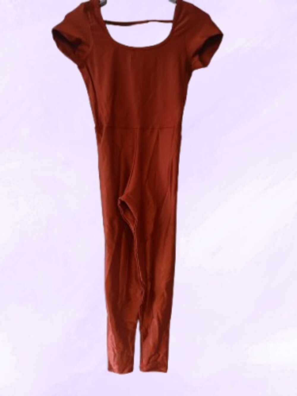 Ribbed athletic bodysuit short sleeves open back in brown. Extra small/small